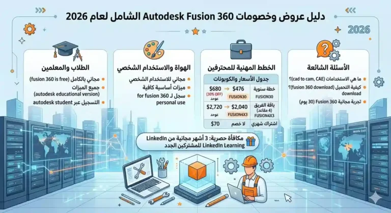 اكتشف أقوى عرض Fusion 360 المتاح حالياً. احصل على كوبونات خصم للخطط المهنية، وتعرف على كيفية تحميل Fusion 360 مجاناً للطلاب والهواة للاستخدام الشخصي.