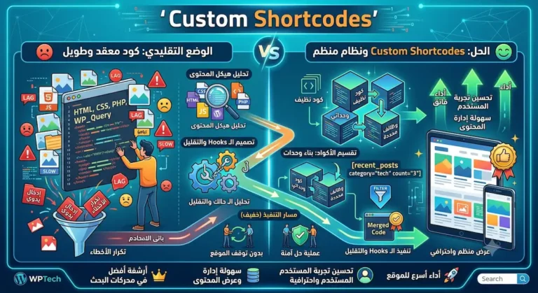 مقارنة بين الكود التقليدي المعقد ونظام Custom Shortcodes المنظم الذي يحسن الأداء وتجربة المستخدم وسهولة إدارة المحتوى