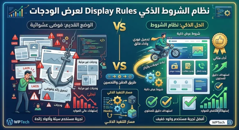 مقارنة بين الوضع القديم العشوائي المسبب للبطء، ونظام الشروط الذكي Display Rules الذي يوفر أداءً فائقاً وتجربة مستخدم أفضل