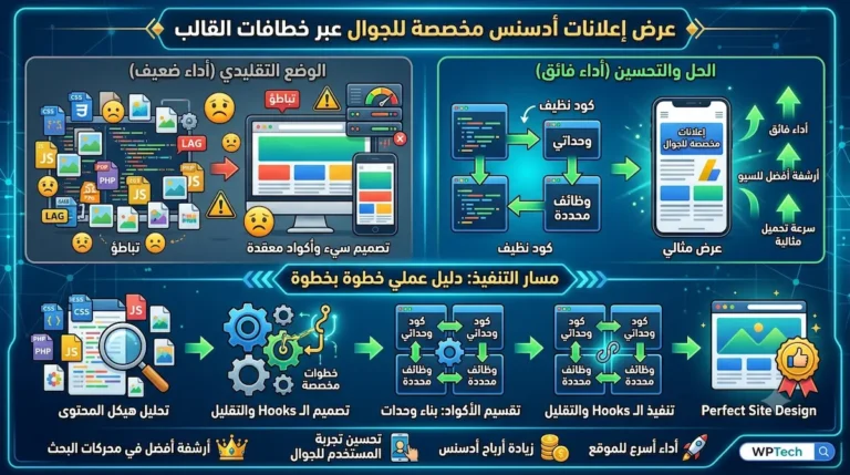 مقارنة بين عرض إعلانات أدسنس التقليدي والحل المحسن عبر خطافات القالب، مع دليل عملي لخطوات التنفيذ لتحسين الأداء والسرعة