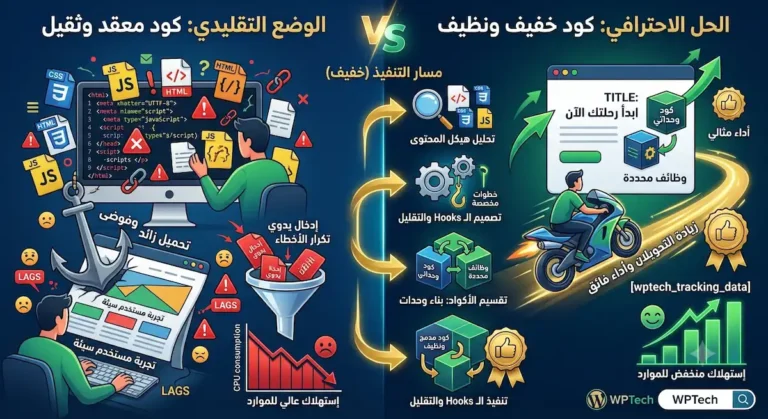 مقارنة بين الكود التقليدي المعقد ذو الأداء الضعيف، والحل الاحترافي بكود نظيف يحقق أداءً فائقاً واستهلاكاً منخفضاً للموارد