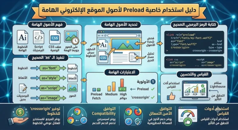 دليل توضيحي لاستخدام خاصية Preload لتحسين أداء الموقع: تحديد الأصول الهامة، كتابة الكود، تنفيذ سمة as، والقياس والتحسين