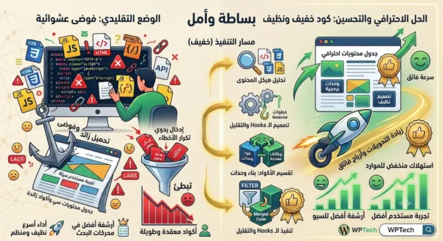 مقارنة بين فوضى البرمجة التقليدية والحلول الاحترافية التي توفر كوداً نظيفاً، سرعة عالية، وتجربة مستخدم وأرشفة أفضل