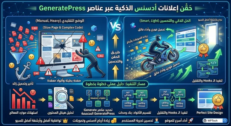 مقارنة بين حقن إعلانات أدسنس التقليدي والحل الذكي عبر عناصر GeneratePress لتحسين سرعة الموقع، الأداء، والأرباح