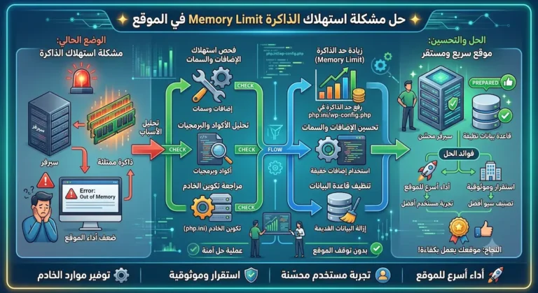 خطوات حل مشكلة استهلاك الذاكرة في المواقع: تحليل الأسباب، زيادة حد الذاكرة، وتحسين البرمجيات لضمان سرعة واستقرار الموقع