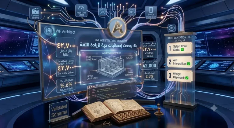 واجهة رقمية تعرض إحصائيات حية لموقع ويب وسجل تنفيذ من ثلاث خطوات لدمج ودجت الإحصائيات