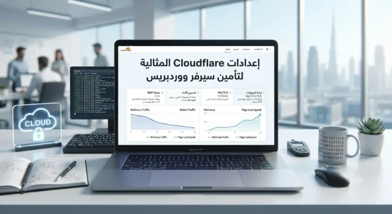إعدادات Cloudflare المثالية لتأمين سيرفر ووردبريس معروضة على شاشة حاسوب محمول