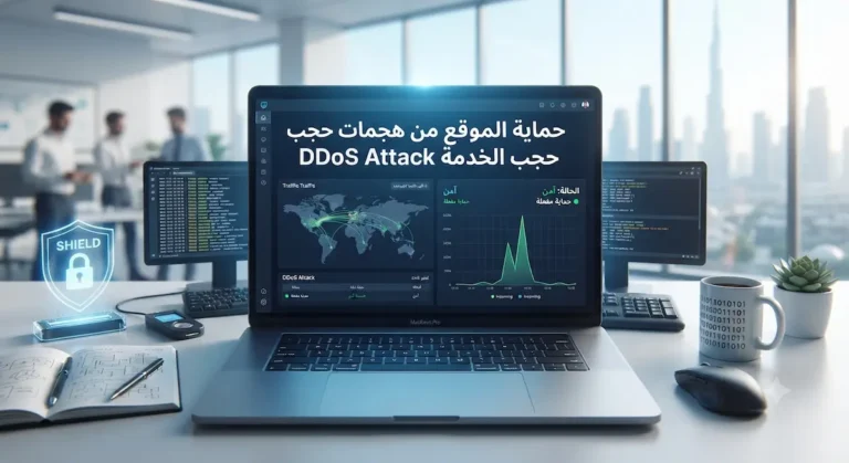 شاشة لابتوب تعرض لوحة تحكم أمنية مع نص: حماية الموقع من هجمات حجب الخدمة DDoS Attack