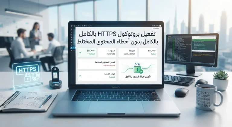 شاشة كمبيوتر تعرض تفعيل بروتوكول HTTPS بالكامل وحالة SSL نشطة بدون أخطاء محتوى مختلط