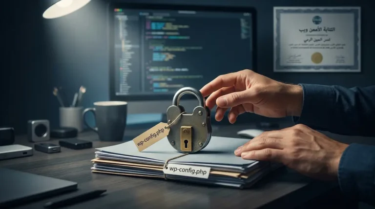 قفل موضوع على ملفات تحمل اسم wp-config.php، يرمز إلى حماية وتأمين ملفات ووردبريس