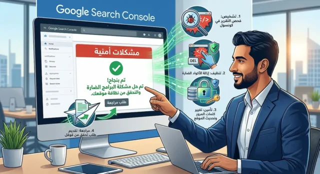 خطوات حل المشكلات الأمنية في Google Search Console: التشخيص، تنظيف الأكواد، تأمين الموقع، وتقديم طلب مراجعة لجوجل